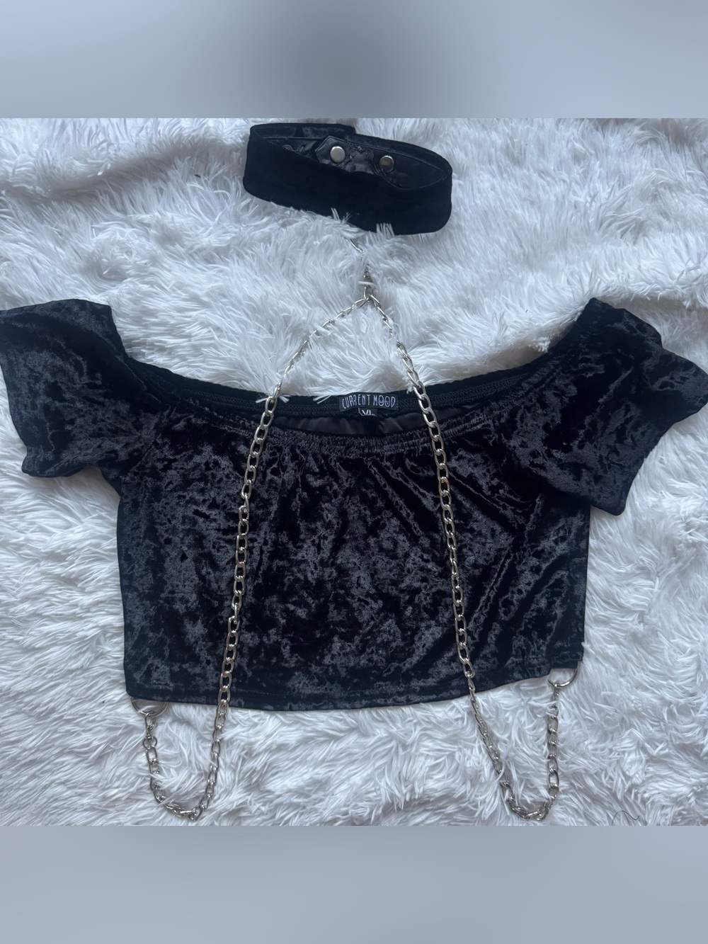 Current Mood Black Crushed Velvet Off-Shoulder Crop Top with Chain Trim